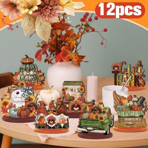 Leinuosen 12 Pcs Fall Decorations for Home Wooden Turkey Decor Thanksgiving Table Decorations Fall Centerpiece Maple Leaves Pumpkin Turkey Wooden Block Sign for Harvest Party Home Tiered Tray - Image 6