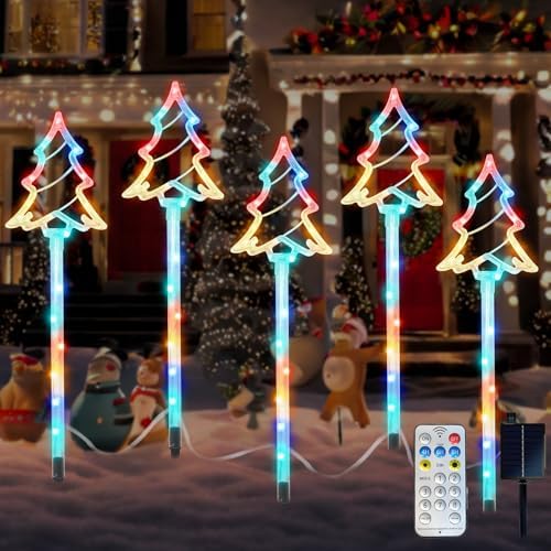 Garden Christmas Decorations Pathway Outdoor Solar, 27 inches Lighted Xmas Tree Solar Christmas Lights with 8 Modes Waterproof String Lights, Outdoor Lights for Yard Patio Walkway-5PCS by lonfypeng
