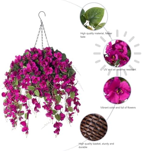 Artificial Fake Hanging Hibiscus Flowers Plants Baskets for Outdoor Decoration, Faux Silk Hibiscus Long Vines in Planter UV Resistant Realistic Flowers for Outside Porch Patio Home Decor(Purple 2) - Image 5