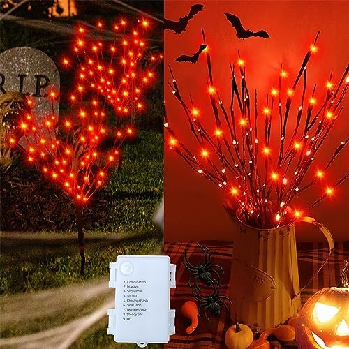 Outdoor Indoor Lighted Halloween Tree Branches Decoration, 3PCS Artificial Lit Twig Branch with Orange Fairy Lights, Battery Operated with Timer, Halloween Decor for Fireplace Pathway Lawn Front Porch by AMARS