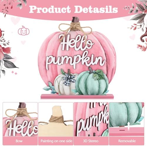 Soaoo Thanksgiving Decoration Wooden Fall Hello Pumpkin Sign Autumn Pumpkin Table Decor 11 Inch Wooden Autumn Desktop Ornament for Thanksgiving Harvest Day Farmhouse Home Living Room (Pink, Lovely) - Image 3