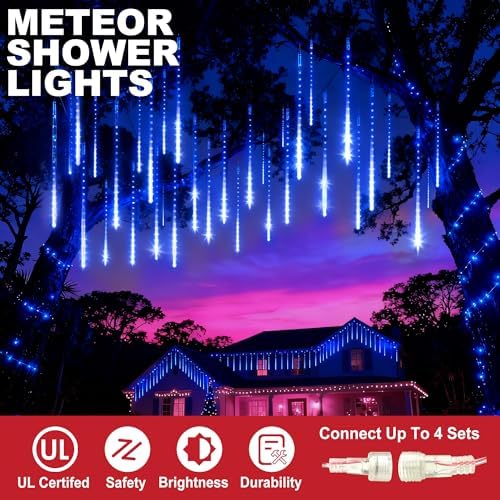 EEIEER Meteor Shower Lights, 11.8 inches 10 Tubes 240 LED Christmas Meteor Lights Snowfall Light for Outdoor Decoration, Waterproof Falling Rain Drop Light for Garden Tree Party Holiday-Blue - Image 5