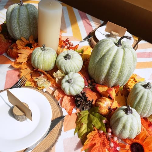 Winlyn 7 Pcs Assorted Sizes Artificial Green Pumpkins Decorative Green Whitewashed Faux Foam Pumpkins for Halloween Thanksgiving Farmhouse Fall Autumn Harvest Home Mantel Table Centerpiece - Image 4