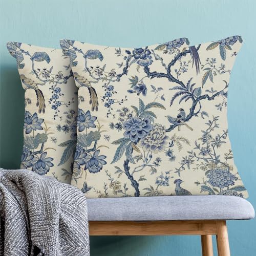CXMEIFLY Spring Floral Birds Pillow Covers 22 x 22 Inch Set of 2 for Chinoiserie Flowers Decor Throw Pillows Blue and White Plant Outdoor Decorative Cushion Cases for Couch Bed Decorations - Image 2