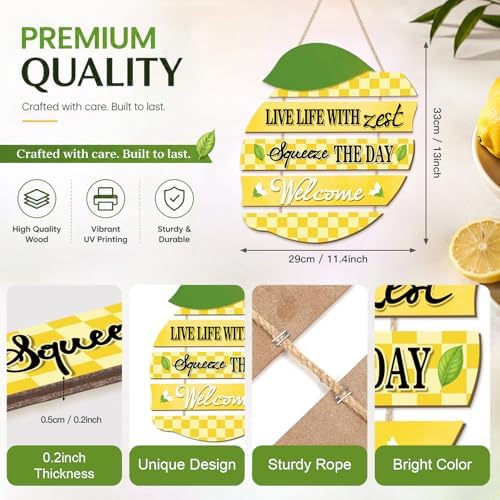 HOURIA Summer Lemon Welcome Front Door Sign Hanging(11.4"x11.5"), Checkered Lemon Wreath Rustic Wooden Wall Decor,Funny Welcome Decorations for Classroom Porch Home Kitchen,Housewarming Gift - Image 2