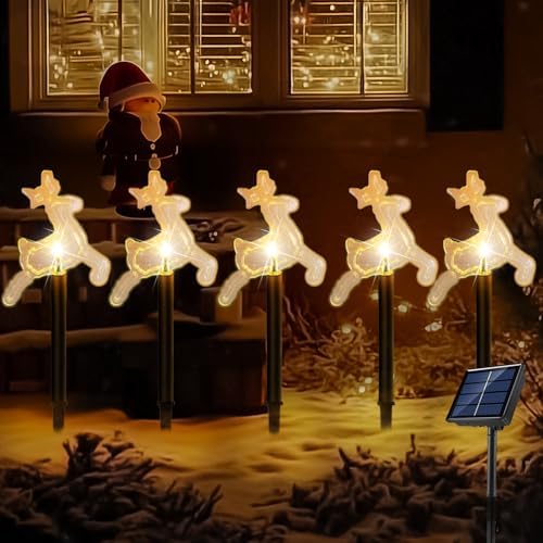 Solar Christmas Pathway Lights Outdoor, Set of 5 Waterproof Solar Stake Christmas Decor LED Lights Landscape Walkway Lights for Garden Yard Lawn Wedding Party Christmas Patio(Warm White Deer) by Lefutizn