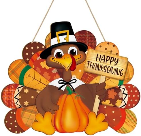 Thanksgiving Decoration Wooden Turkey Pumpkin Door Wreath for Front Door Sign Wall Signs, Thankful Blessed Grateful Pumpkin Sign Hanging for Fall Autumn Harvest Home Halloween Decoration by Sophena