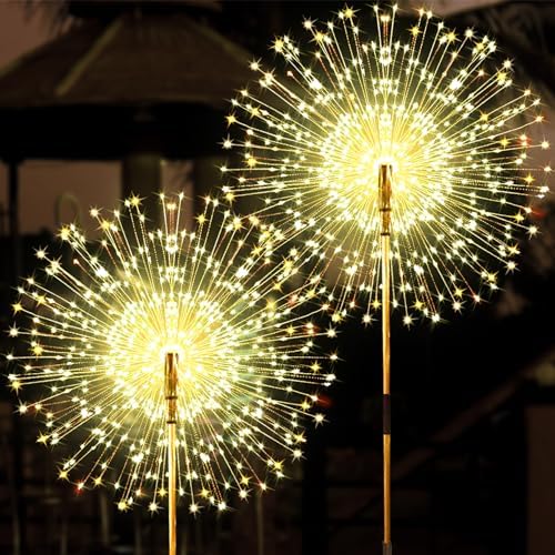 JJGoo Solar Firework Lights, 2 Pack 150 LEDs 2 Lighting Modes Solar Lights Outdoor Waterproof for Garden Patio Walkway Pathway Party Wedding Christmas Decorative - Warm White by JJGoo