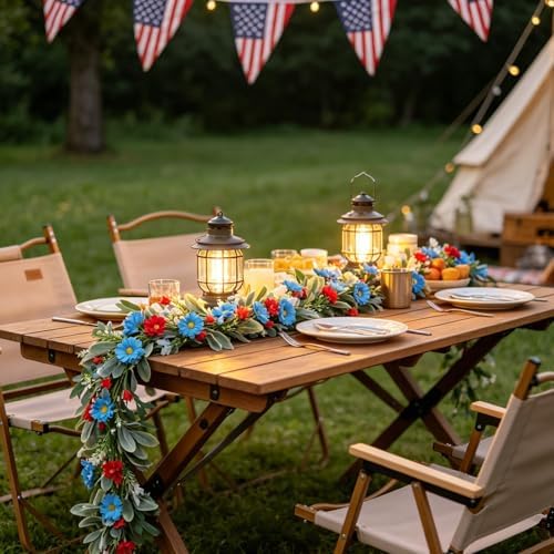 6.5 Ft Patriotic Garland Red White Blue Flowers Garland for Memorial Day Independence Day and Veterans Day 250th Anniversary Artificial Flora Decor for Fireplace Door Home Mantle Table - Image 5