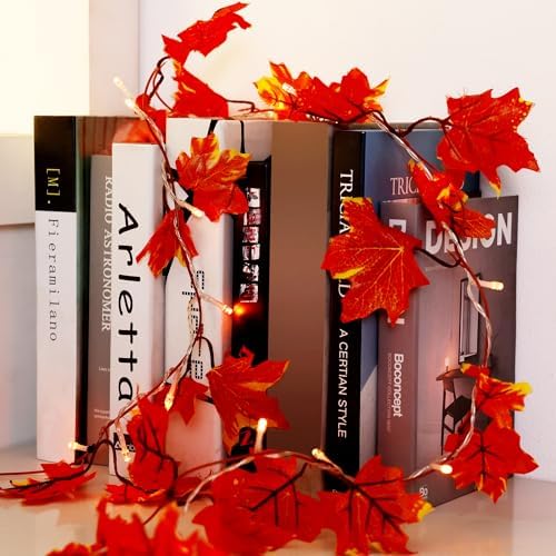 VCOKEN Thanksgiving Decorations Fall Garland with Lights, 24LED Battery Operated Thanksgiving Lights with Timer, Fall Decor for Home, Table, Mantle, Office, Outdoor, Autumn, Halloween, Yellow - Image 3