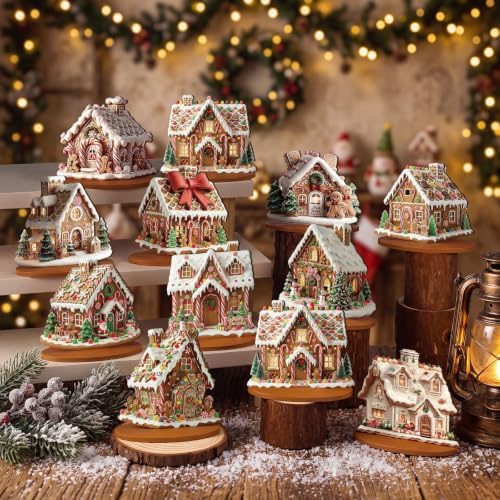 Leinuosen 12 Pcs Gingerbread Christmas Table Decoration Gingerbread House Tiered Tray Decor Wooden Ginger Bread Village Centerpiece Farmhouse Xmas Decor for Home Kitchen Coffee Bar Shelf Indoor - Image 6