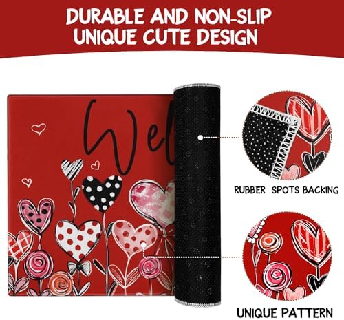 Valentine's Door Mat, Red Buffalo Plaid Love Hearts Leaves Indoor Outdoor Non-Slip Doormat, Entryway Front Porch Welcome Mat for Entrance Decor, 30" x 17" - Image 7