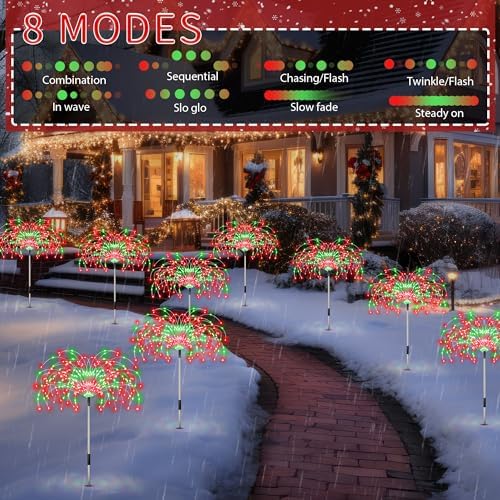 Enhon 4 Pack Plug in Christmas Pathway Firework Lights, 1440 LED Waterproof Xmas Garden Starburst Stake Lights with 8 Modes for Driveway Walkway Yard Lawn Patio Decorations(Red, Green) - Image 3