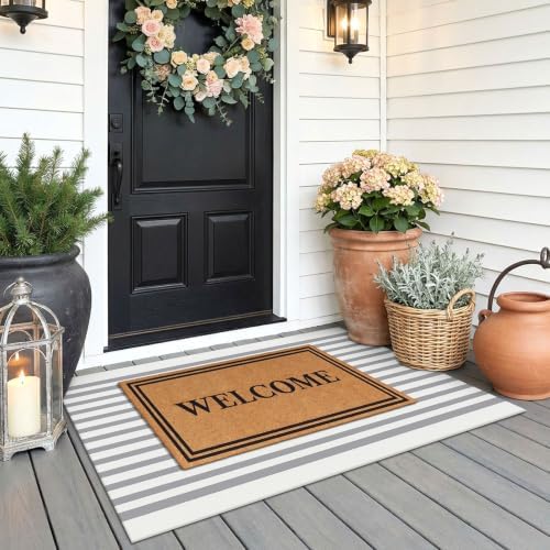 KOZYFLY Striped Rug 2.3x3.6 ft Cotton Woven Front Door Rugs, Gray and White - Image 2