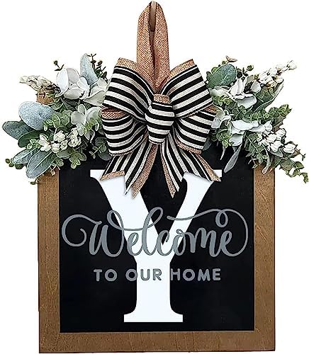Last Name Year Round Front Door Wreath Front Porch Decoration 26 Letter Welcome Sign with Eucalyptus Garland and Bow Spring Wreaths for Front Door Outside Hanger Garland（Y） by YICORIP
