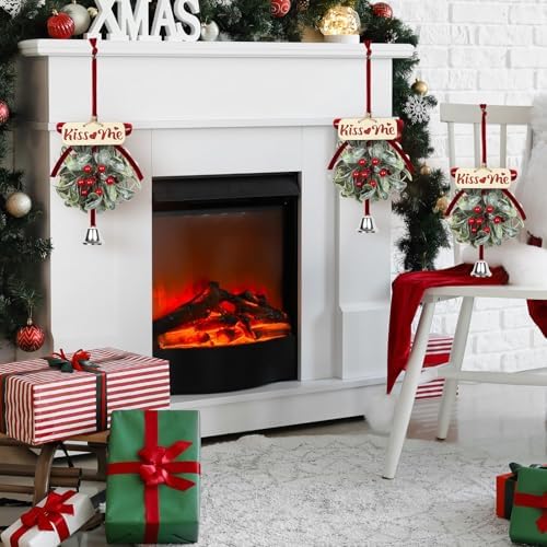 2 PCS Christmas Mistletoe Decoration Artificial Mistletoe Hanging Ornament Kissing Ball with Berry Bow Silver Bell Wooden Sign'kiss Me' for Doorway Home Xmas Tree Friendship Holiday Party Decor (Red) - Image 7