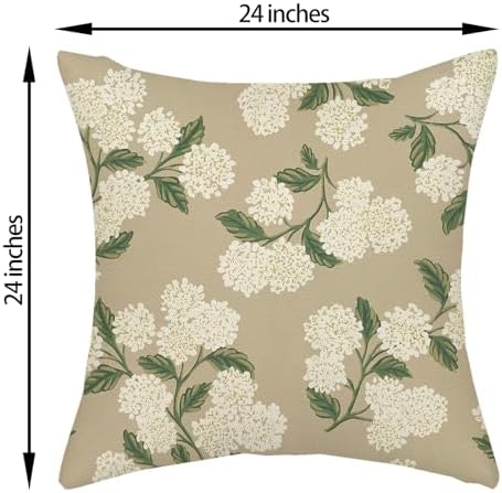 Beige Spring Pillow Covers 24x24 Inch 2 Pcs Khaki Green Hydrangea Flower Decor Throw Pillows Vintage Floral Seasonal Summer Outdoor Decoration Pillowcase Linen Cushion Cover for Couch Sofa - Image 6