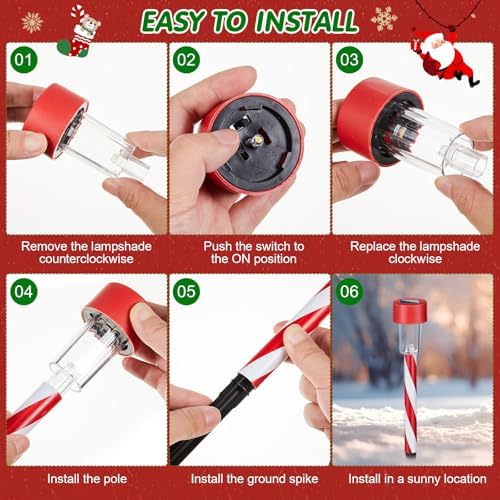 Honoson 12 Pcs Christmas Solar Pathway Lights Outdoor - Candy Cane Xmas Decorative Lighting, IP65 Waterproof for Patio, Lawn, Yard, Landscape, Driveway, Path, Party Decor - Warm Lights - Image 5