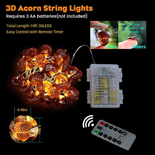 3D Twinkle Acorn Fall Decorations Harvest String Lights 10ft Copper Wire 30 LEDs Battery Powered with Timer Remote Control for Wedding Bedroom Fireplace Mantel Ice Age Ornaments Home Decor - Image 5