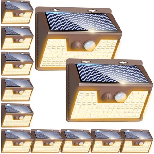 Peasur Solar Lights Outdoor Motion Sensor, 12Pack 140LED Waterproof Solar Powered Fence Lights, 3 Modes Solar Security Wall Lights for Garden Yard Outside(Brown Warm White) by Peasur