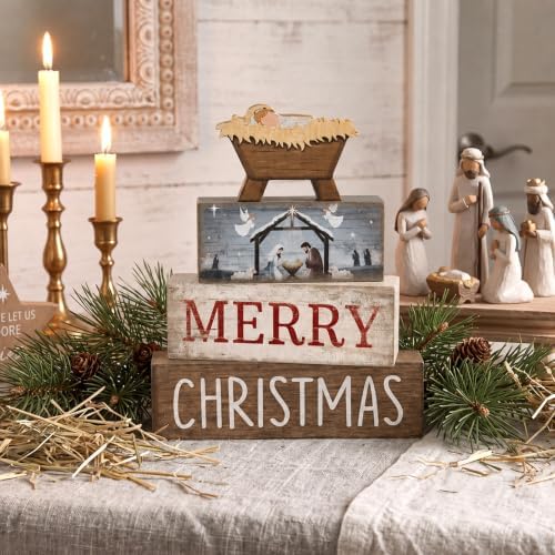 Lineshading 4 Pcs Nativity Christmas Wooden Block Signs Farmhouse Decor - Image 2