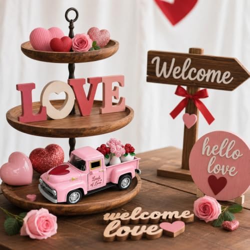 Valentine's Day Pink Truck Decor with 4 Mini Rose Flower Pots, Vintage Metal Pickup Tabletop Decoration, Romantic Farmhouse Centerpiece Gift for Women, Wife, Mom, Girlfriend, Anniversary Wedding - Image 2