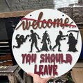 Halloween Horror Welcome Sign for Front Door, Welcome You Should Leave Sign, Horror Movie Characters Door Hanger, Halloween Door Sign Scary Halloween Decorations Wreath for Farmhouse Porch Wall Decor by Afonso