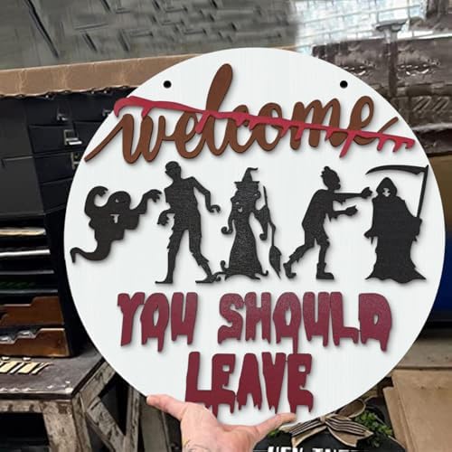 Halloween Horror Welcome Sign for Front Door, Welcome You Should Leave Sign, Horror Movie Characters Door Hanger, Halloween Door Sign Scary Halloween Decorations Wreath for Farmhouse Porch Wall Decor by Afonso