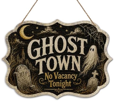 Vintage Halloween Wooden Sign with Rope 8.5x12 Inch Spooky Gothic Wall Plaque Ghost Witch Moon Farmhouse Decor for Front Door Porch Indoor Outdoor Seasonal Wall Hanging Art（A04） by VZVCTFS