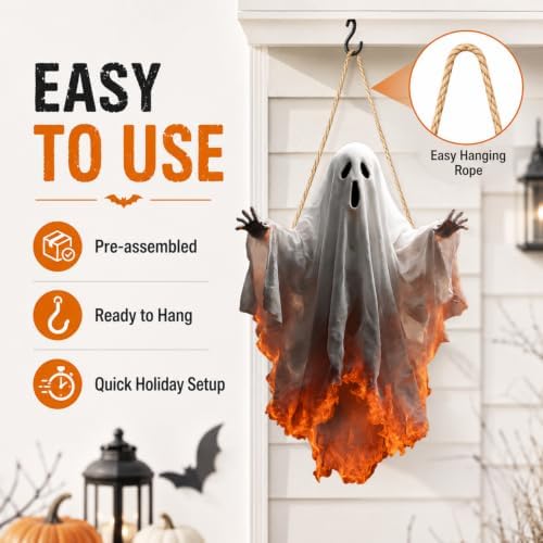 Halloween Door Sign Wooden Wreath 2D Door Hanger Fiery Burning Ghost Designs Halloween Front Wall Hanging Sign Scary Ghost Door Hanger for Home Porch Outdoor Holiday Decor - Image 3