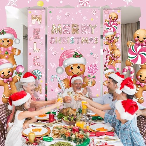 Oudain 3 Pack Christmas Pink Gingerbread Christmas Door Porch Banner - Image 6