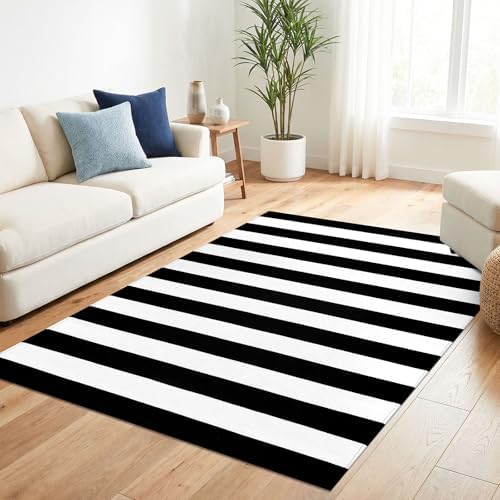 KILOCOCO Black White Striped Rug 4x6 ft Front Door Mat Indoor Washable Rug - Image 3
