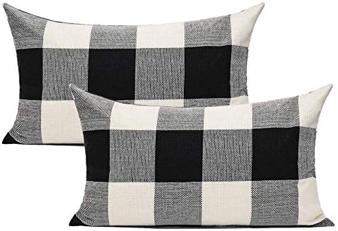 VAKADO 12x20 Set of 2 Black White Outdoor Throw Pillow Covers Buffalo Check Plaids Lumbar Farmhouse Retro Checkers Cotton Linen Cushion Cover Home Decor for Sofa Couch by VAKADO
