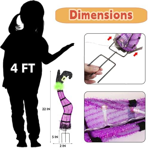 Juegoal Set of 2 Halloween Lighted Wicked Purple Witch Legs with Stakes, 22" Light Up Tinsel Halloween Yard Sign Prop Timer & 8 Modes, Battery Operated for Outdoor Party Haunted House Garden Decor - Image 2