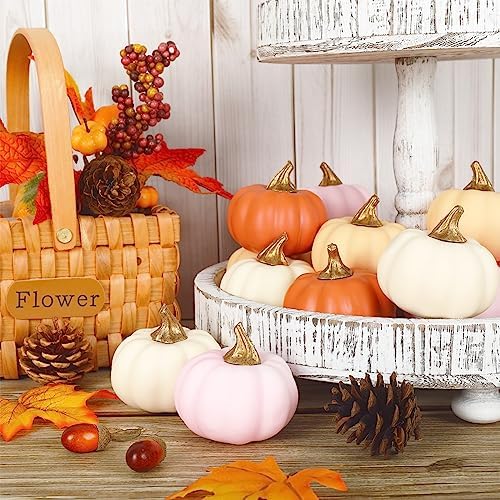 AnyDesign 12Pcs Fall Artificial Pumpkins Fake Foam Pumpkins Mini White Pink Gold Orange Faux Harvest Vegetables for Autumn Thanksgiving Halloween Holiday Home Party Farmhouse Decorations - Image 5
