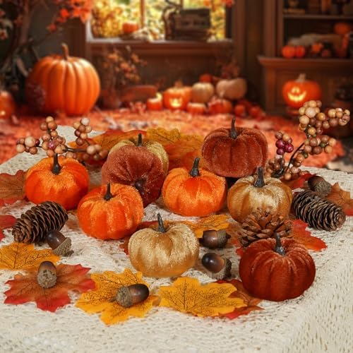 Artmag 51 PCS Artificial Fabric Pumpkins, Fall Harvest Decorations with Acorns, Pinecones, Berries, Maple Leaves for Fall Thansgiving Halloween Decoration - Image 3