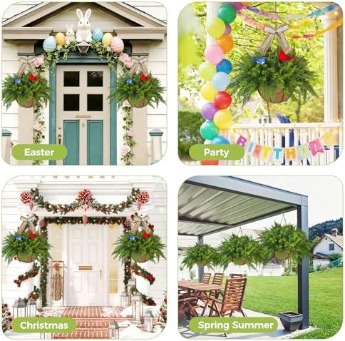 Artificial Cypress Hanging Basket with Birds, 2 PCS Faux Ferns Plant - Image 6