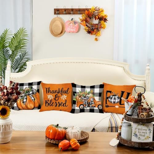 GEEORY Fall Decorative Throw Pillow Covers 20 x 20 Inch Set of 4, Pumpkins Thankful Blessed Buffalo Plaid Fall Decor Outdoor Farmhouse Pillow Cases for Home Couch (Orange Color) G337-20 - Image 4