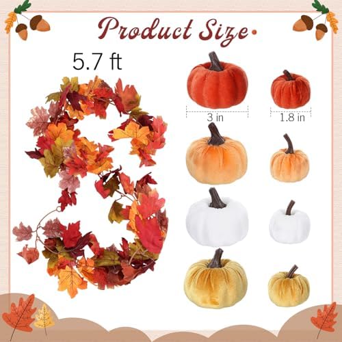Conelist 2 Pcs Maple Leaf Garland 24 Velvet Pumpkins Orange Farmhouse - Image 4