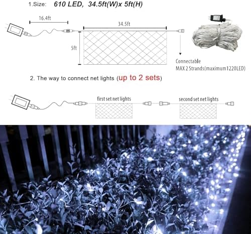 610 LED Christmas Net Lights, 34.5ft x 5ft Mesh Lights Outdoor with Timer & 8 Lighting Modes Clear Wire, Waterproof Connectable String Lights for Bushes Xmas Tree Garden Holiday Party - White - Image 6