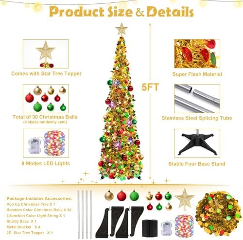 N&T NIETING Pop Up Christmas Tree with Lights, Collapsible Tinsel Xmas Tree Decorations, Pencil Christmas Tree Skinny Tree for Holiday Xmas Home Office Decor, 30 Balls, 5Ft, Gold Mix - Image 3