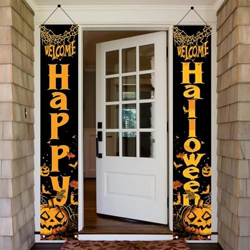 2PCS Happy Halloween Porch Banners 71 x 12 Inch Vertical Welcome Door Signs with Pumpkins and Bats Halloween Party Decorations for Front Door Outdoor Yard Entryway Spooky Wall Hanging Decor - Image 2