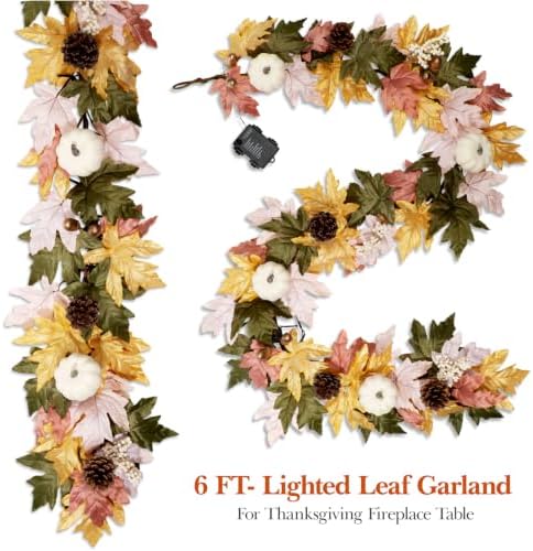 6 FT Fall Garland with 30 Lights & 8 Modes Timer, Pre-lit Lifelike Lighted Fall Maple Leaves Garland with Pumpkin Berries PineCones, Battery Operated Autumn Garland Decor for Mantle Table Thanksgiving - Image 6