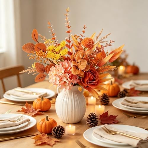 Artificial Fall Flowers with Vase – Autumn Hydrangea & Rose Arrangement - Image 3