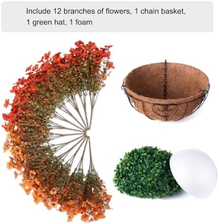 HyeFlora Artificial Flowers with Hanging Basket Planter for Home Decoration, Daisy with Eucalyptus Leaves Outdoor Indoor Garden Yard, Metal Coconut Lining Basket with Faux Plant (Fall-OrangeYellow) - Image 3