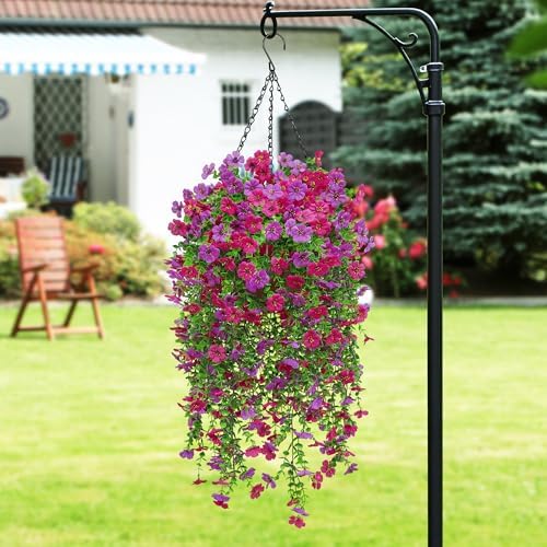 Artificial Fake Hanging Flowers Plant for Outdoors Spring Summer Home Decor Faux Silk Daisy with Eucalyptus 4 Pcs Realistic UV Resistant Indoor Outside Garden Porch Patio Balcony Yard(Purple Fuchsia) - Image 3
