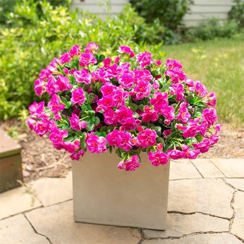 HyeFlora Artificial Faux Outdoor Flowers Plants for Spring Summer Decoration, Fake Silk Fuchsia Camellia UV Resistant Look Real for Planter Outside Front Door Porch Patio Balcony, 3 Large Bundles - Image 3