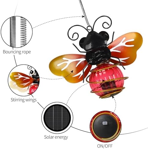2 Pack Bee Outdoor Decor with Bouncy Springs Pendant Lights Birthday Gifts for Women Mom Grandma,Hanging Solar Lights Outside Waterproof Metal Solar Garden Decoration for Porch,Yard,Patio - Image 4