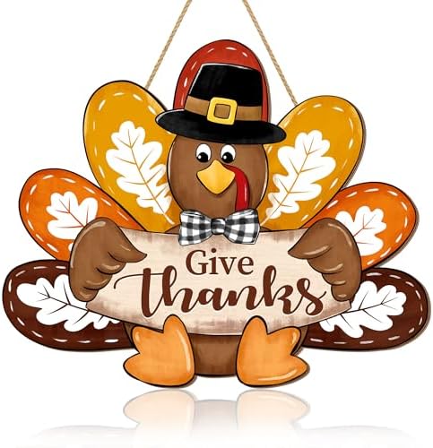 Thanksgiving Turkey Door Sign Decor, Give Thanks Wooden Wreath for Front Door Hanger, Yard Farmhouse Home Gobble Sign, Thankful Wreath Rustic Autumn Harvest Thanksgiving Party Decor by Sionoiur