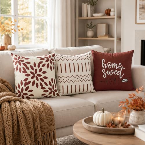 YCOLL Rust Linen Pillow Covers 18x18 Set of 4, Home Sweet Home Farmhouse Throw Pillow Covers, Holiday Decorative Cushion Covers for Sofa Couch Bed, Autumn Rustic Fall Decor - Image 5